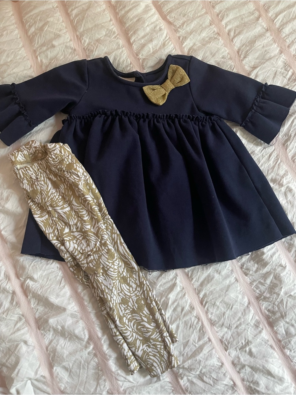 Source Unknown Navy Dress and Gold Bow Matching Set